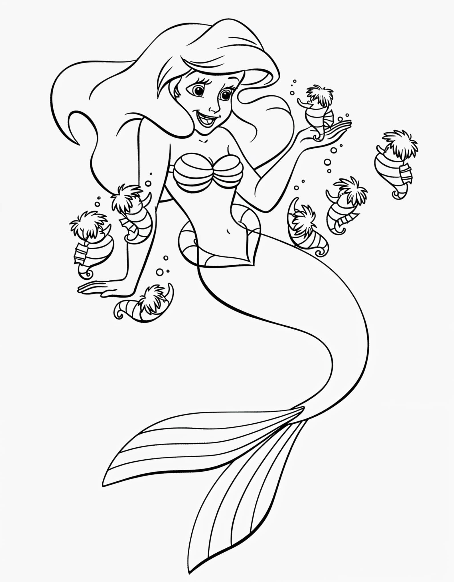 Desenho da Ariel com cavalos marinhos para colorir