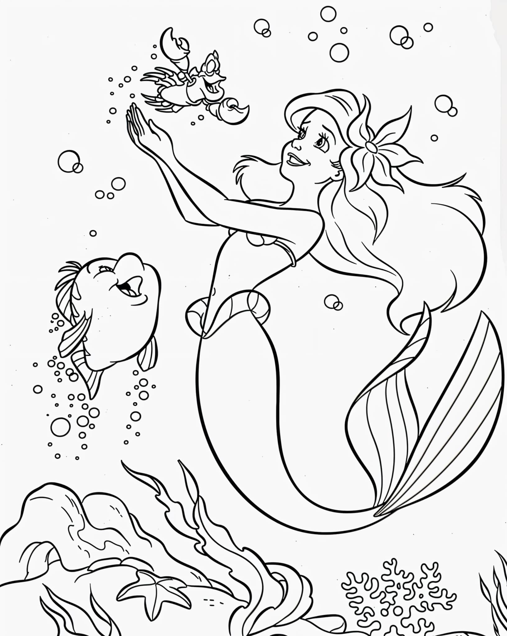 Desenho da Ariel no mar para colorir