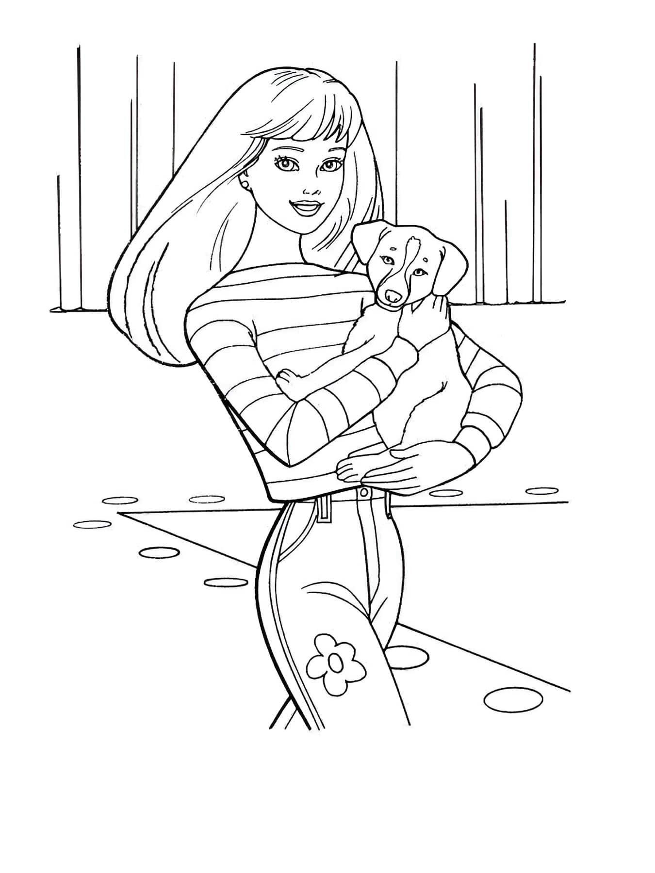 Desenho da Barbie com cachorro para colorir