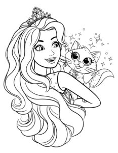 Desenho da Barbie princesa com gato para colorir