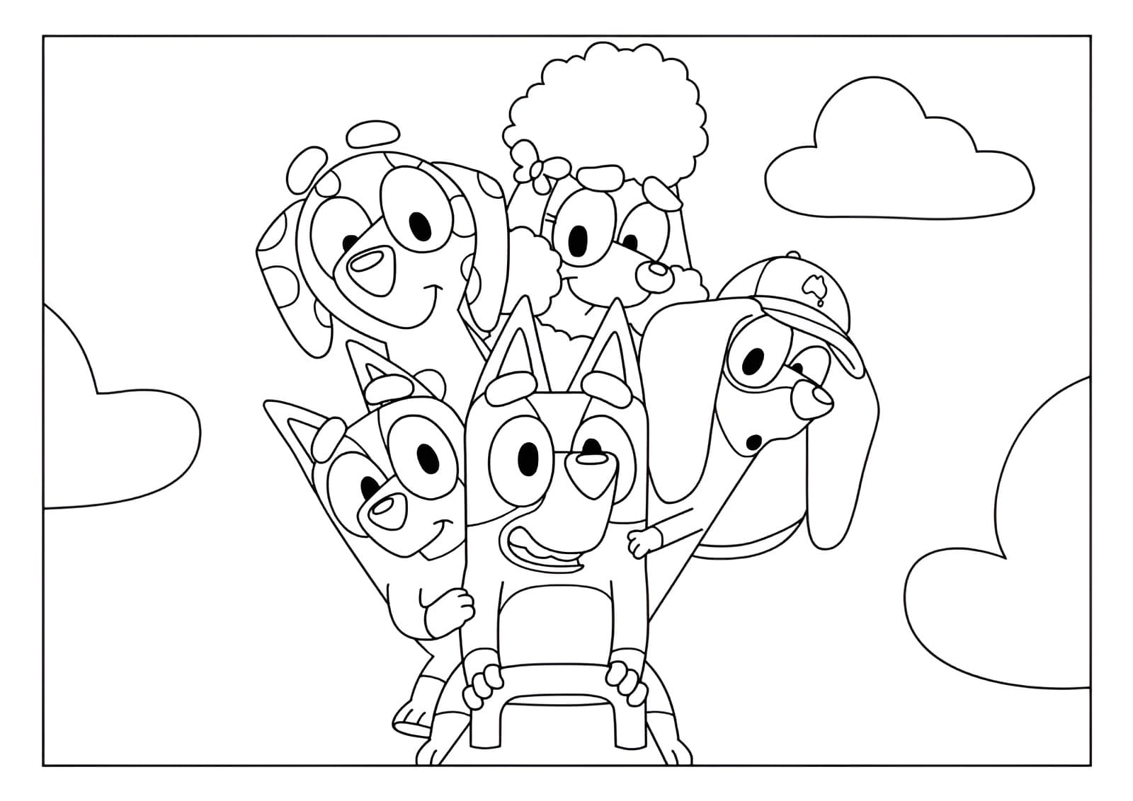 Desenho da bluey com seus amigos para colorir e imprimir