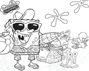 Desenho do Bob Esponja na praia para colorir