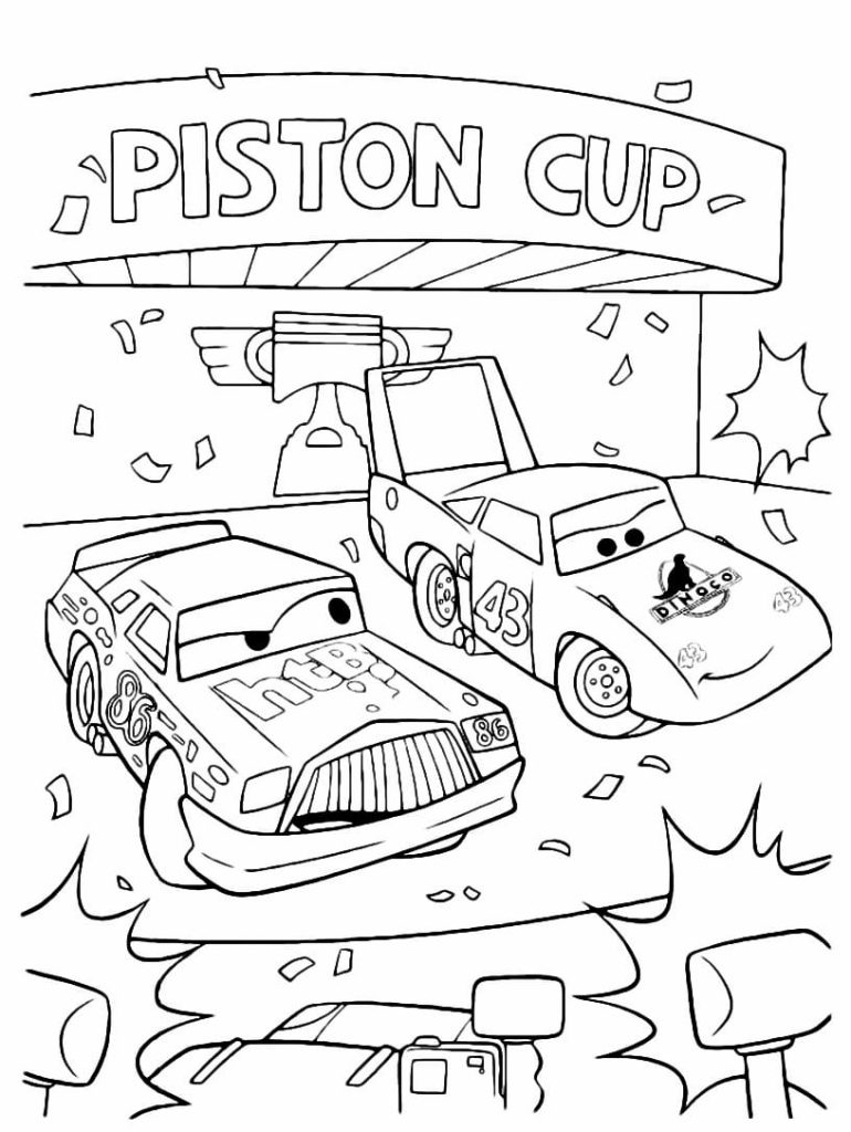 Desenho do Strip Weathers e Chick Hicks na copa piston de filme Carros para colorir