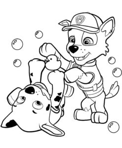 Desenho dos personagens da Patrulha Canina brincando para colorir