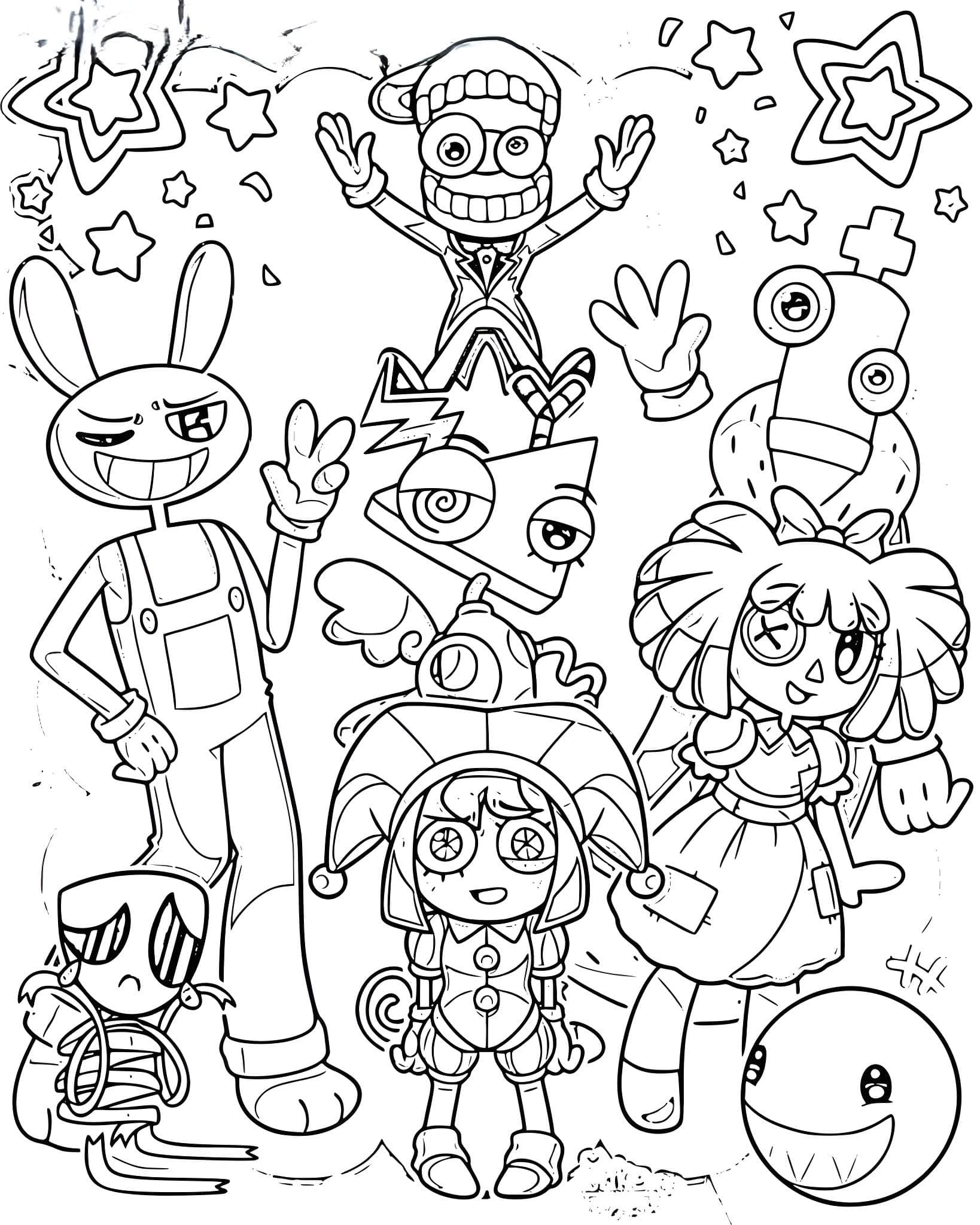 Desenho dos personajes de o increível circo digital para imprimir