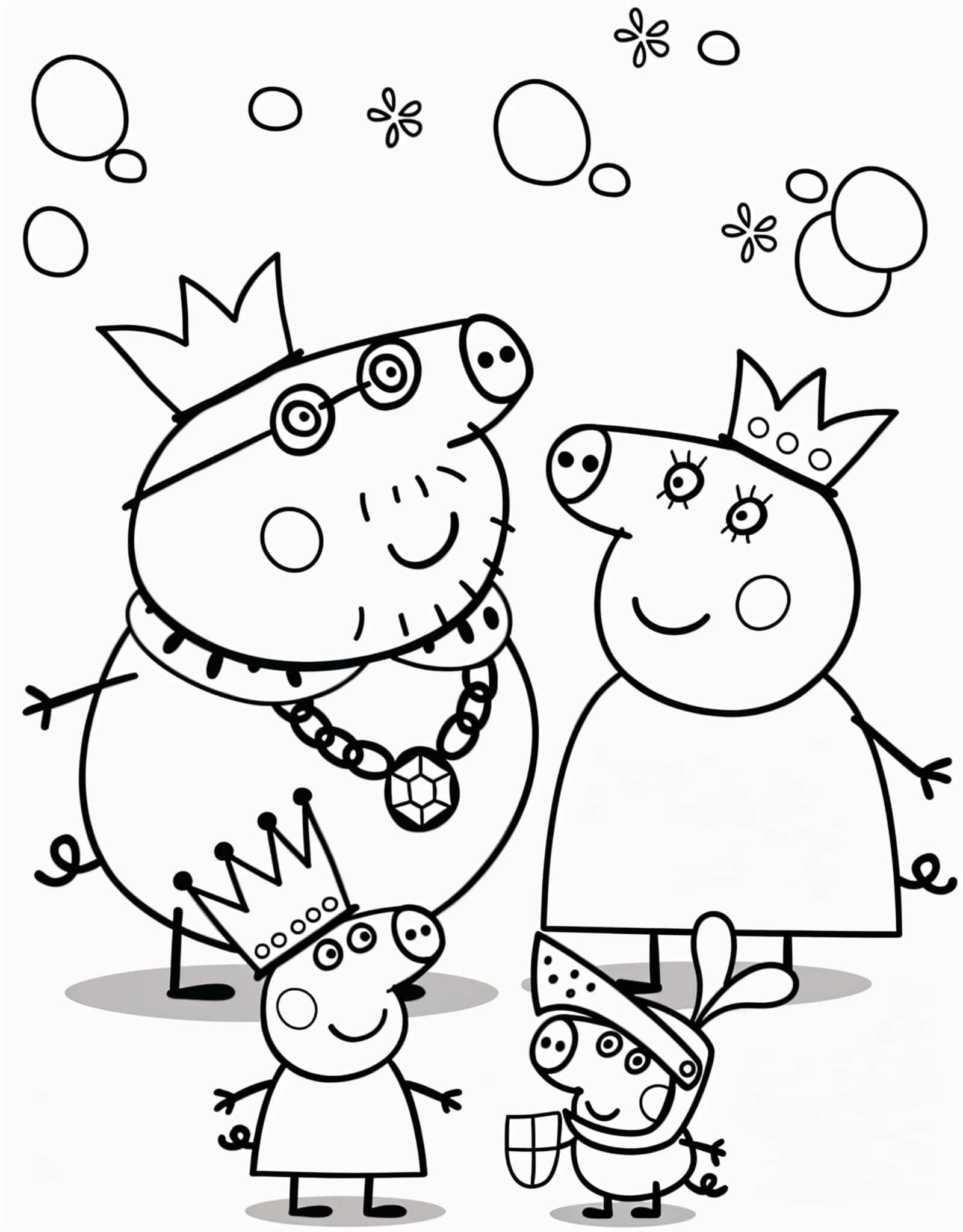 Desenho da familia peppa pig com coroas para colorir