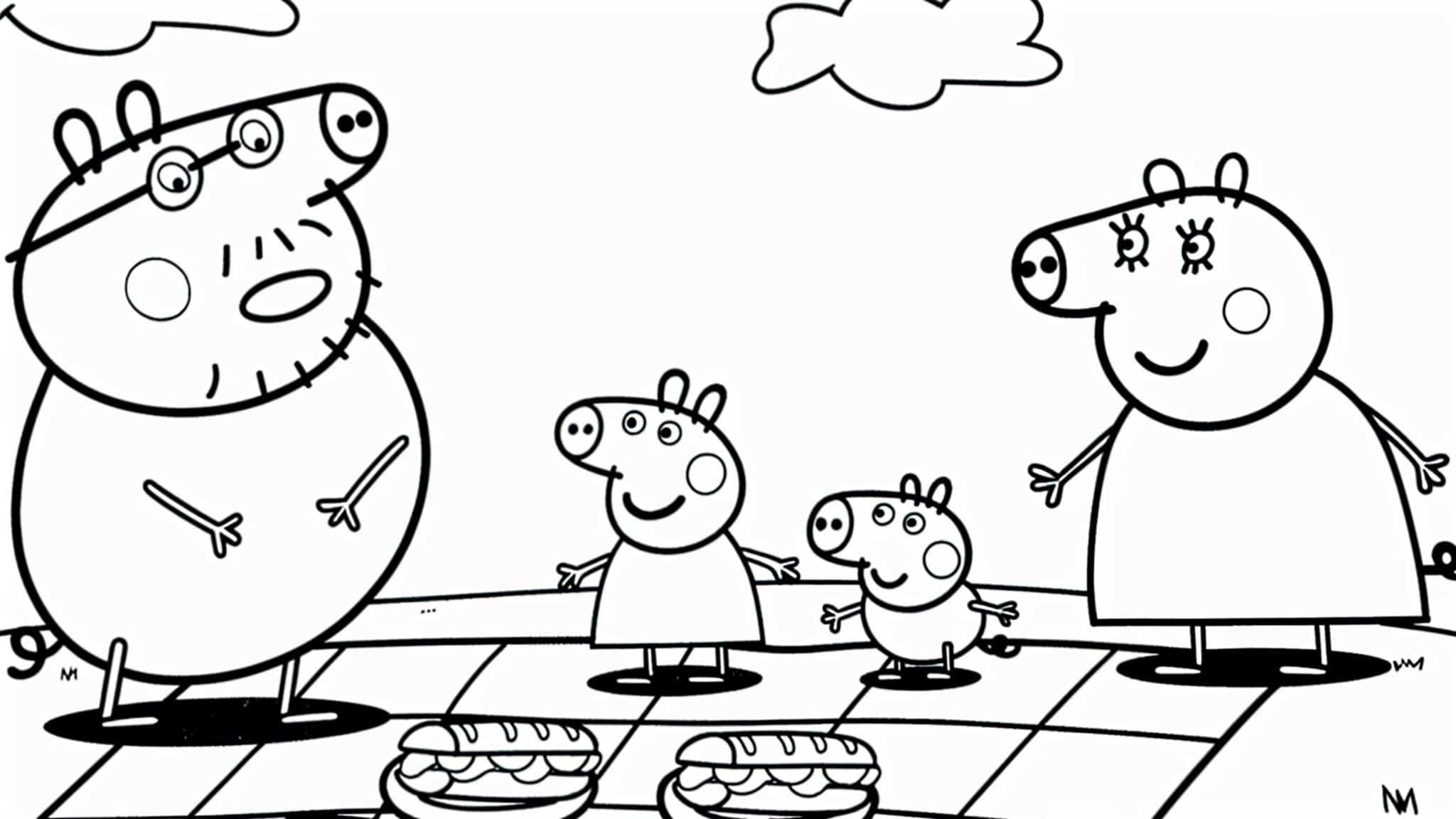 Desenho da familia peppa pig no piquenique para colorir