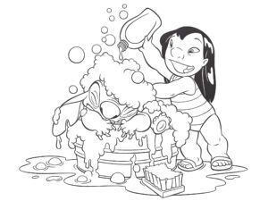 Desenho da lilo dando banho no Stitch para colorir