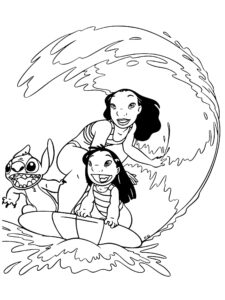 Desenho da lilo e nani surfando com Stitch para imprimir