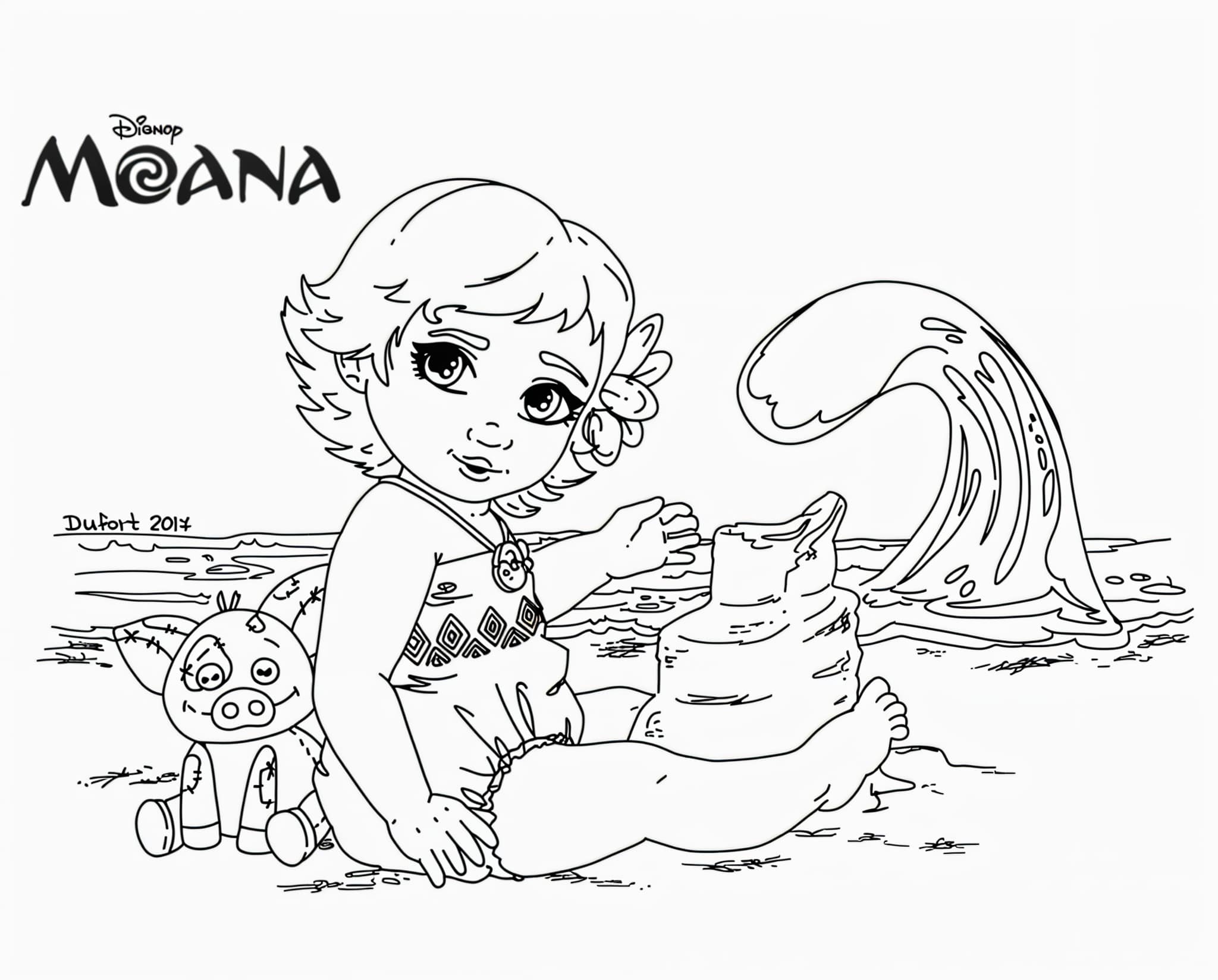 Desenho da Moana bebê brincando na areia para colorir