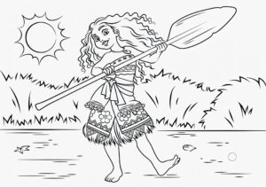 Desenho da Moana caminhando com o remo para colorir