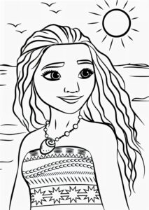 Desenho da Moana com o sol e o mar para colorir