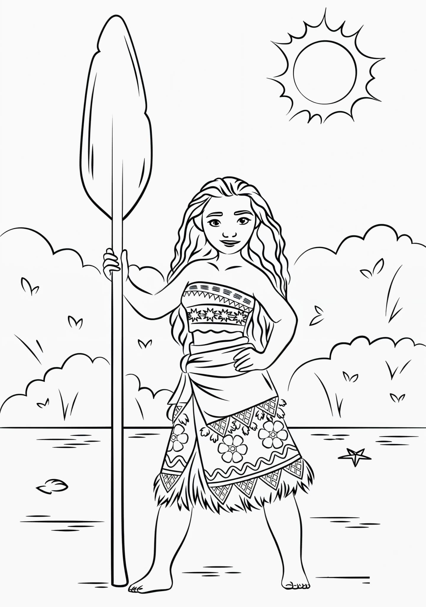 Desenho da Moana com um remo para colorir e imprimir