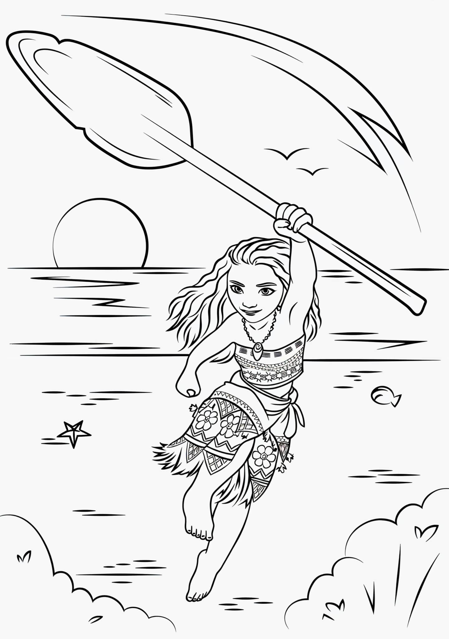 Desenho da Moana correndo com o remo para colorir