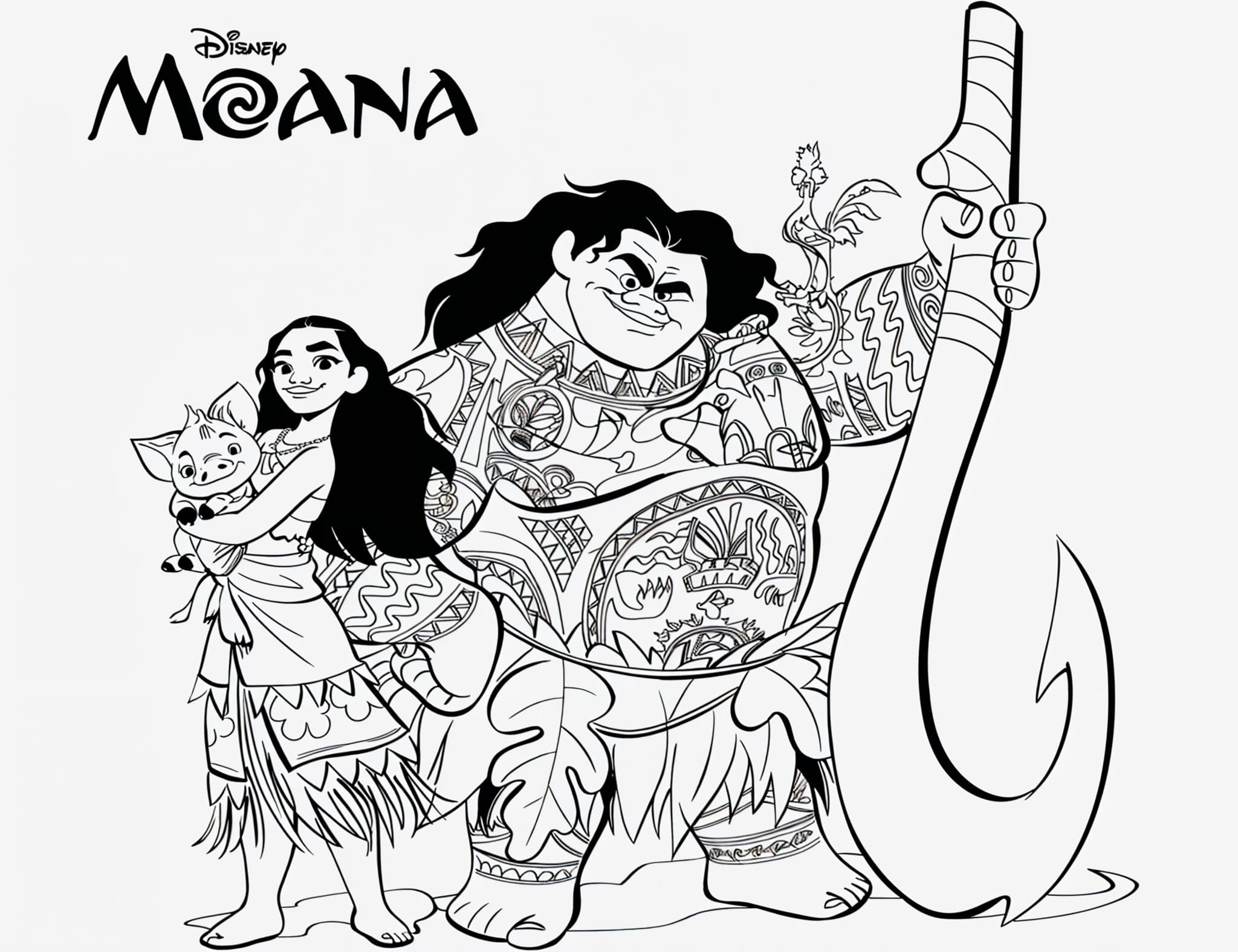 Desenho da Moana e maui com pua e heihei para colorir