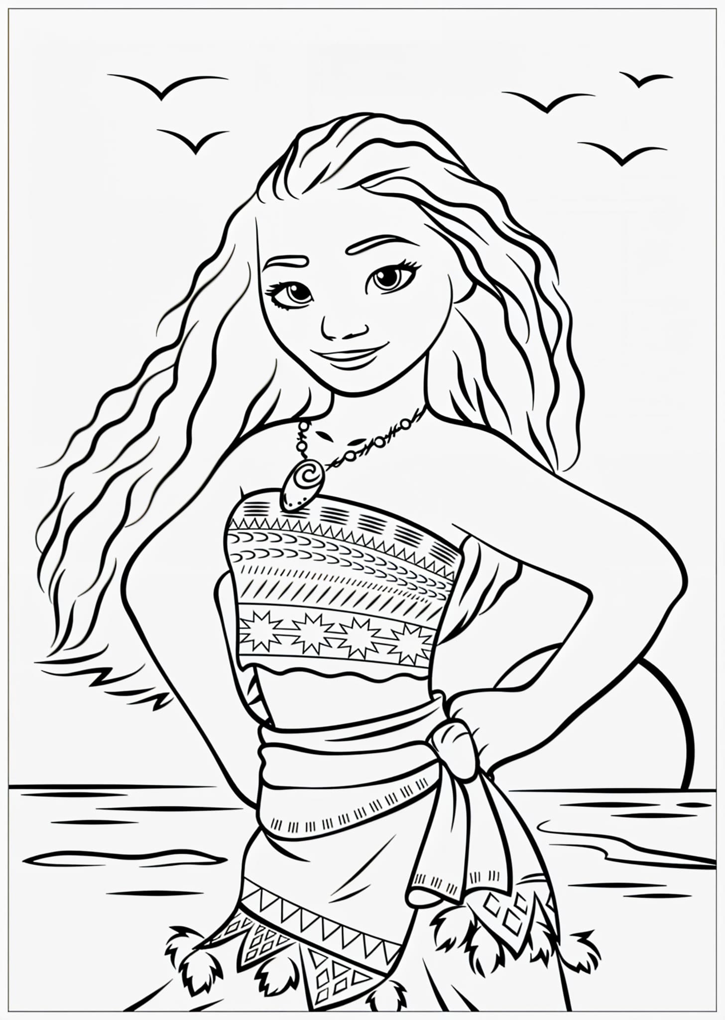 Desenho da Moana na praia para colorir e imprimir