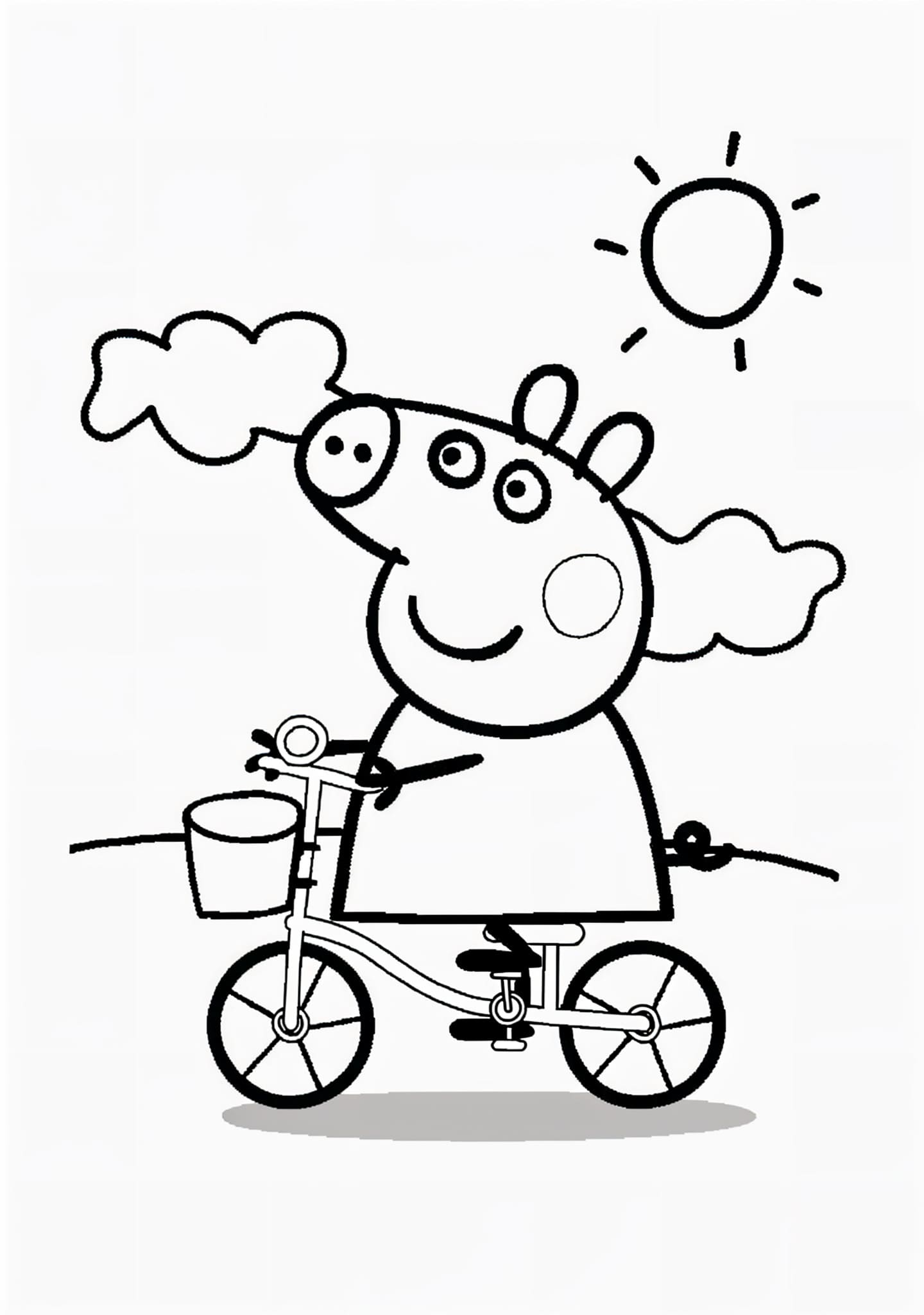 Desenho da peppa pig andando de bicicleta com sol para colorir