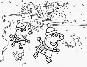 Desenho da peppa pig e amigos patinando no gelo para imprimir