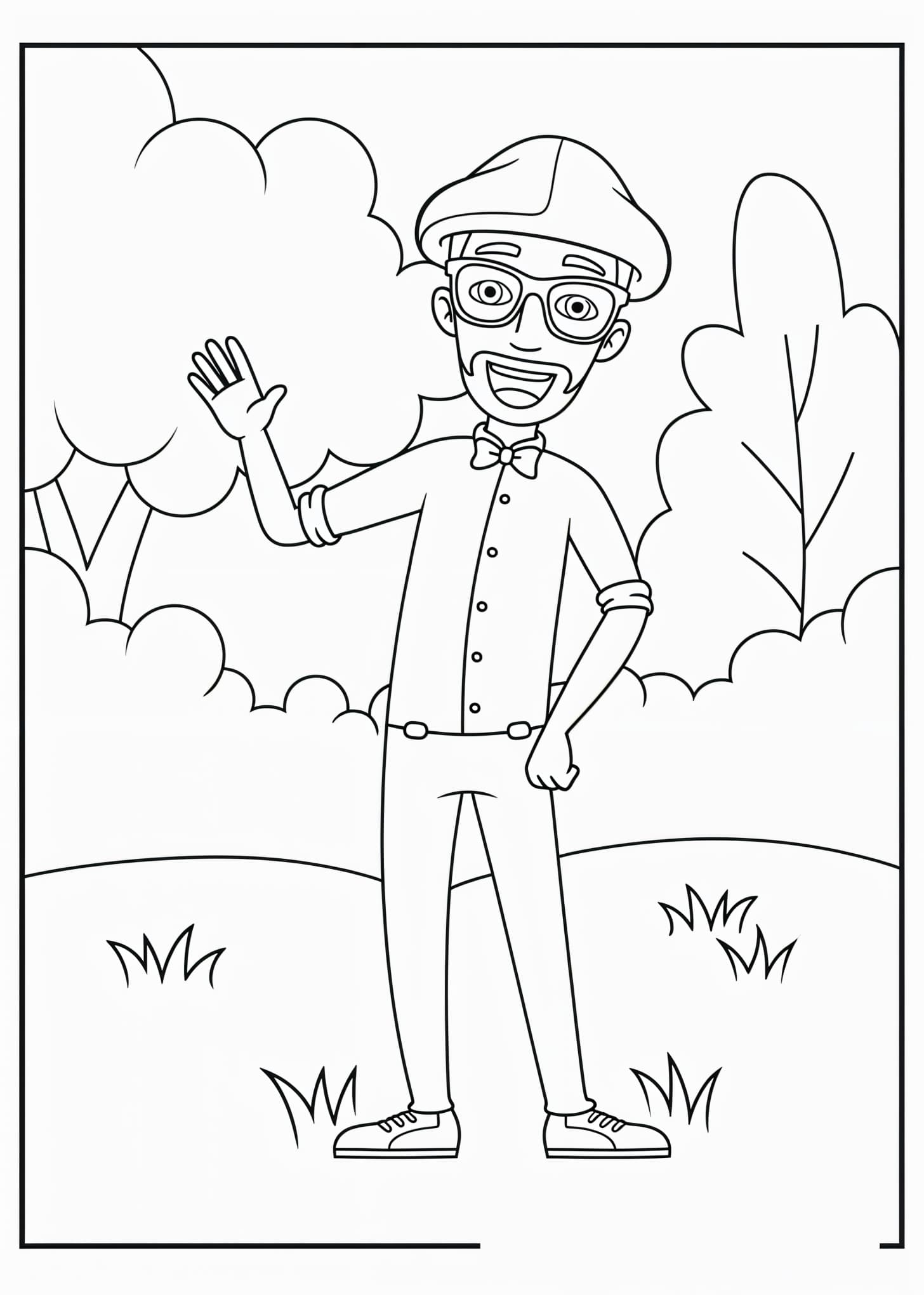 Desenho do Blippi acenando no parque para colorir