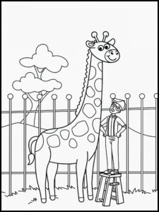 Desenho do Blippi com uma girafa no zoológico para colorir