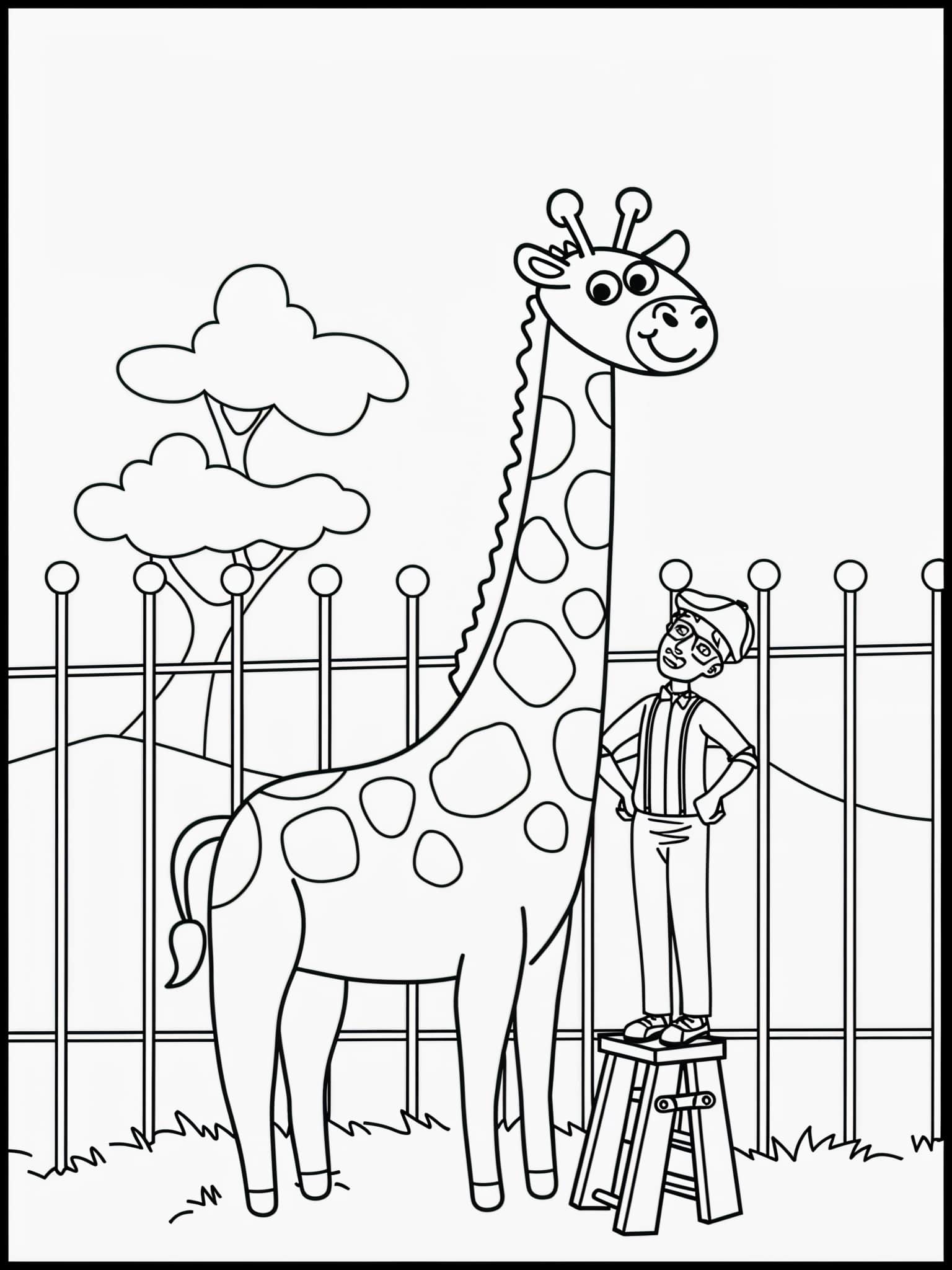 Desenho do Blippi com uma girafa no zoológico para colorir