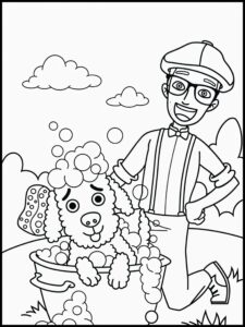 Desenho do Blippi dando banho no cachorro para colorir