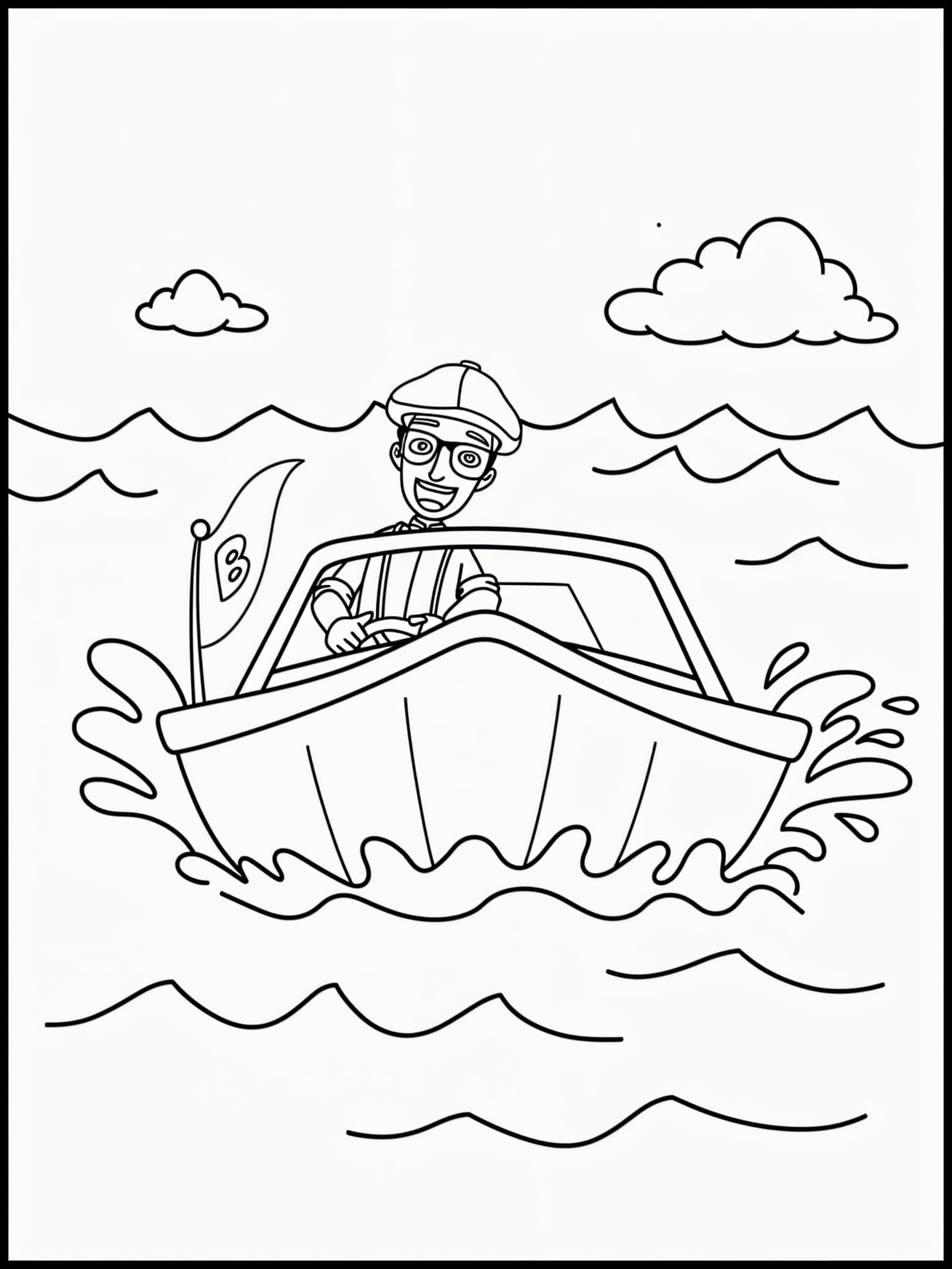 Desenho do Blippi dirigindo um barco para colorir