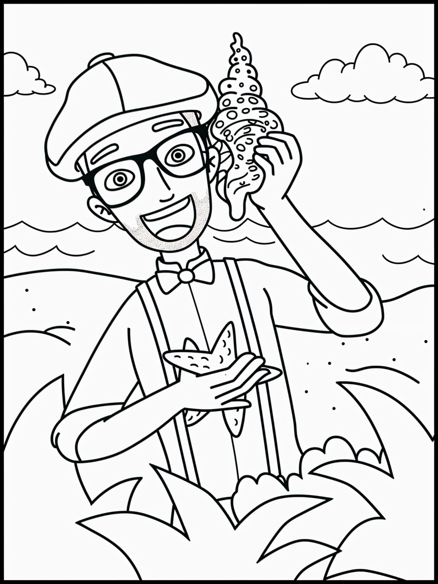 Desenho do Blippi na praia com conchas para colorir