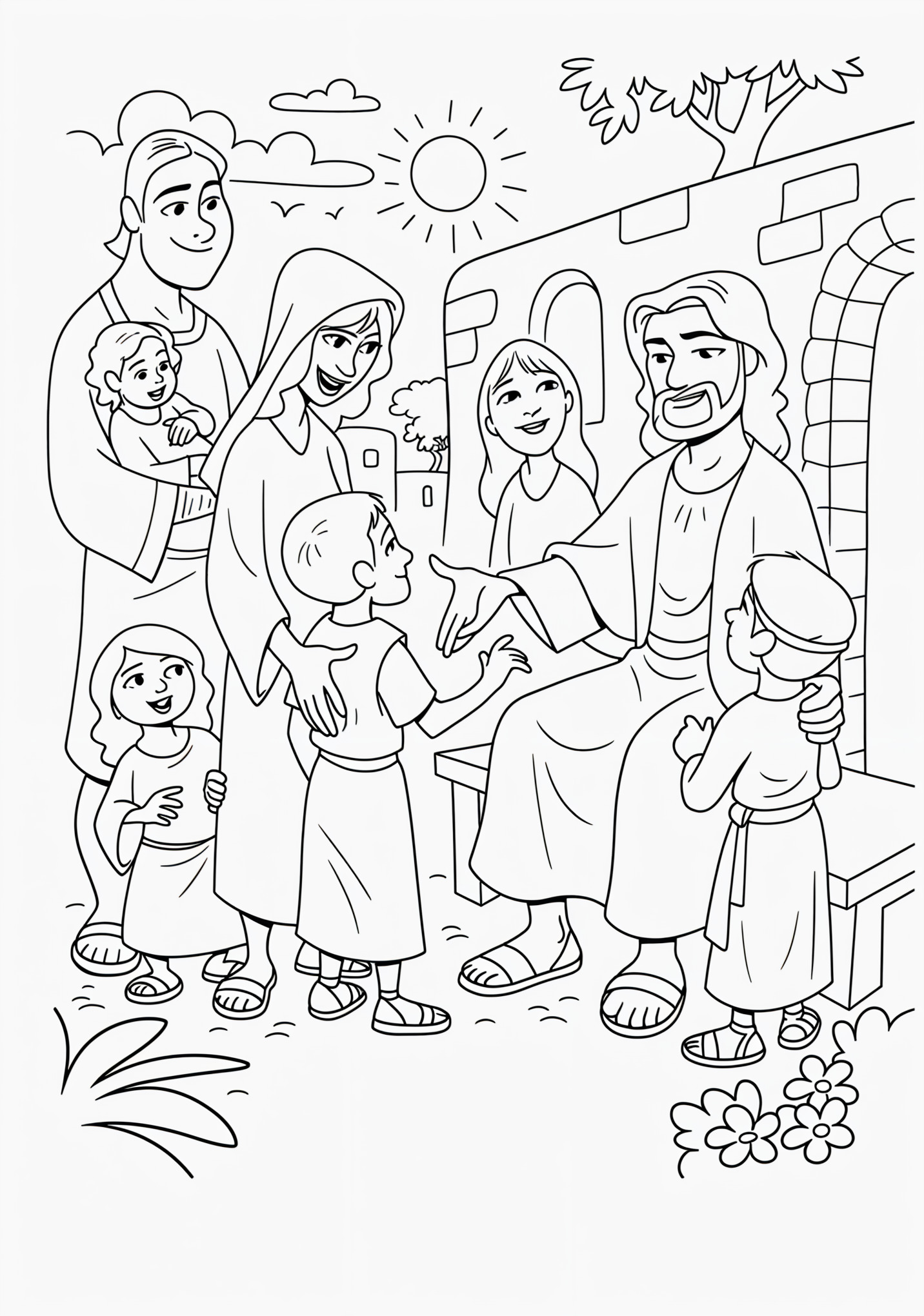 Desenho do jesus com familias para colorir