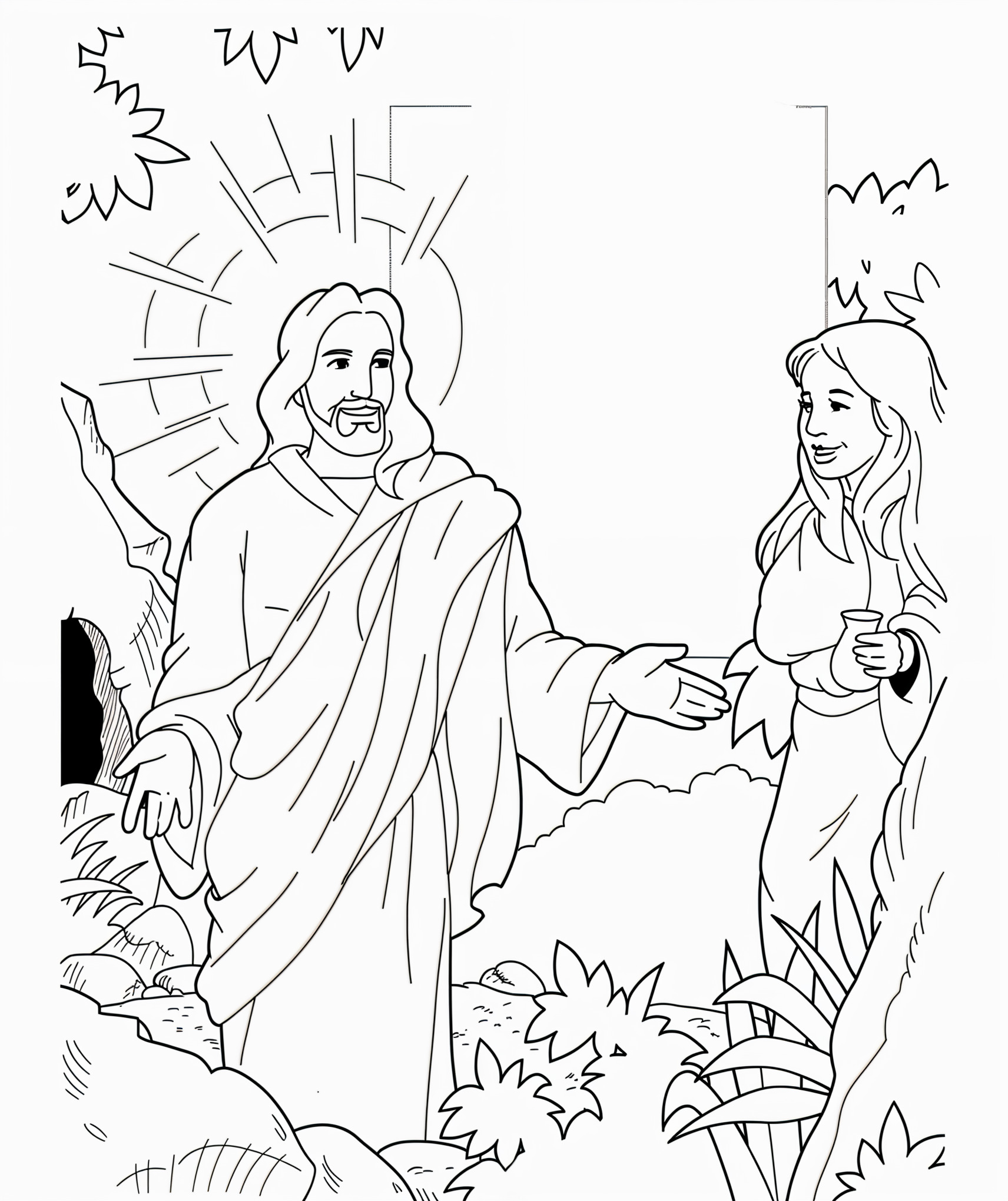 Desenho do jesus e a mulher no jardim para colorir