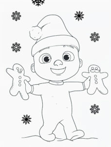 Desenho do jj com biscoitos de gengibre e flocos de neve para colorir