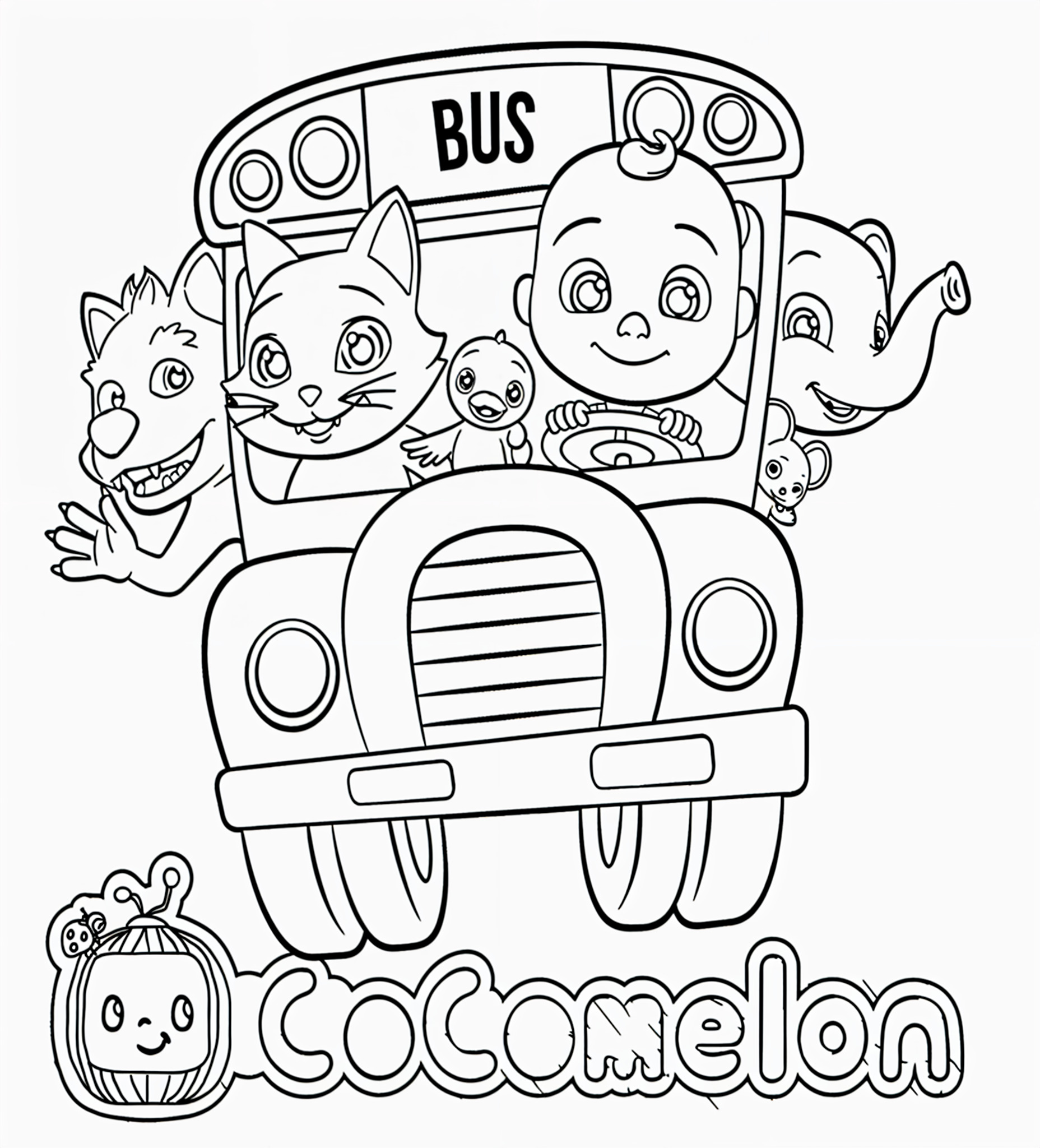 Desenho do jj dirigindo o onibus com amigos animais para colorir