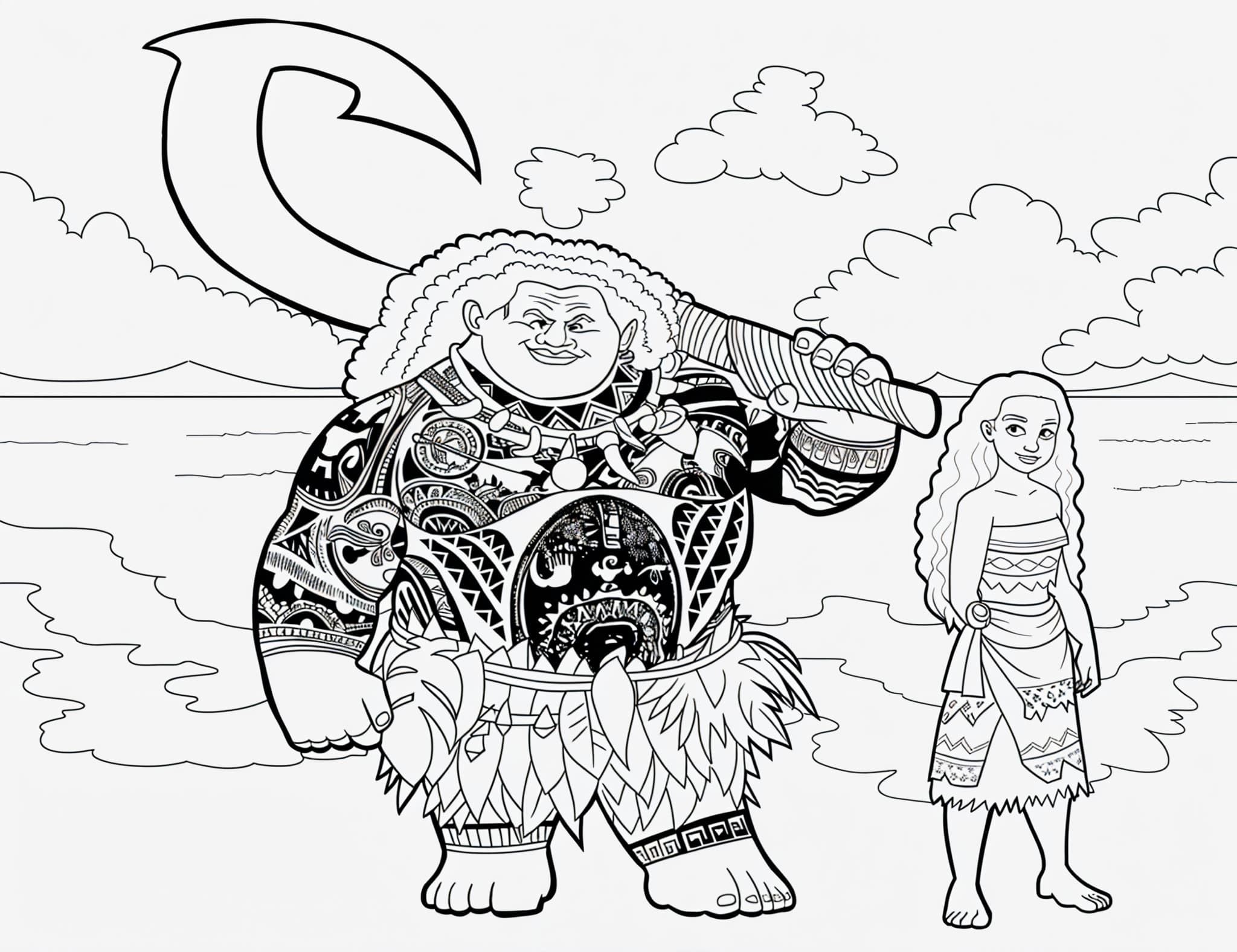 Desenho do maui e da Moana na praia para colorir