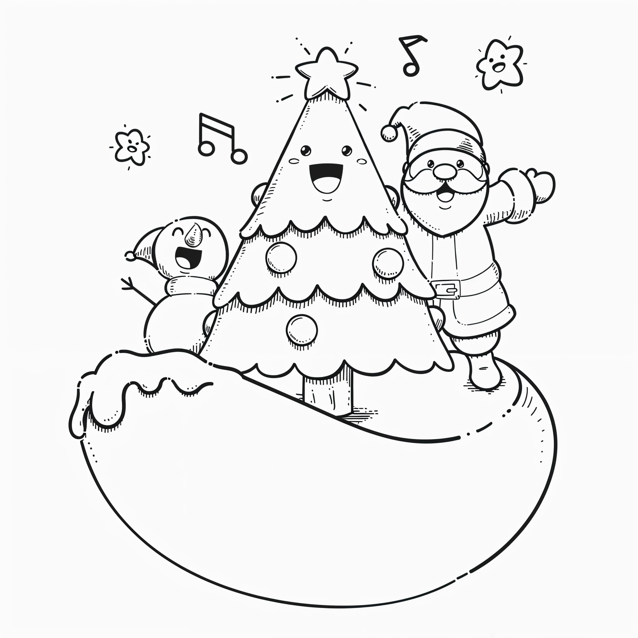 Desenho do Papai Noel com boneco de neve e arvore para imprimir