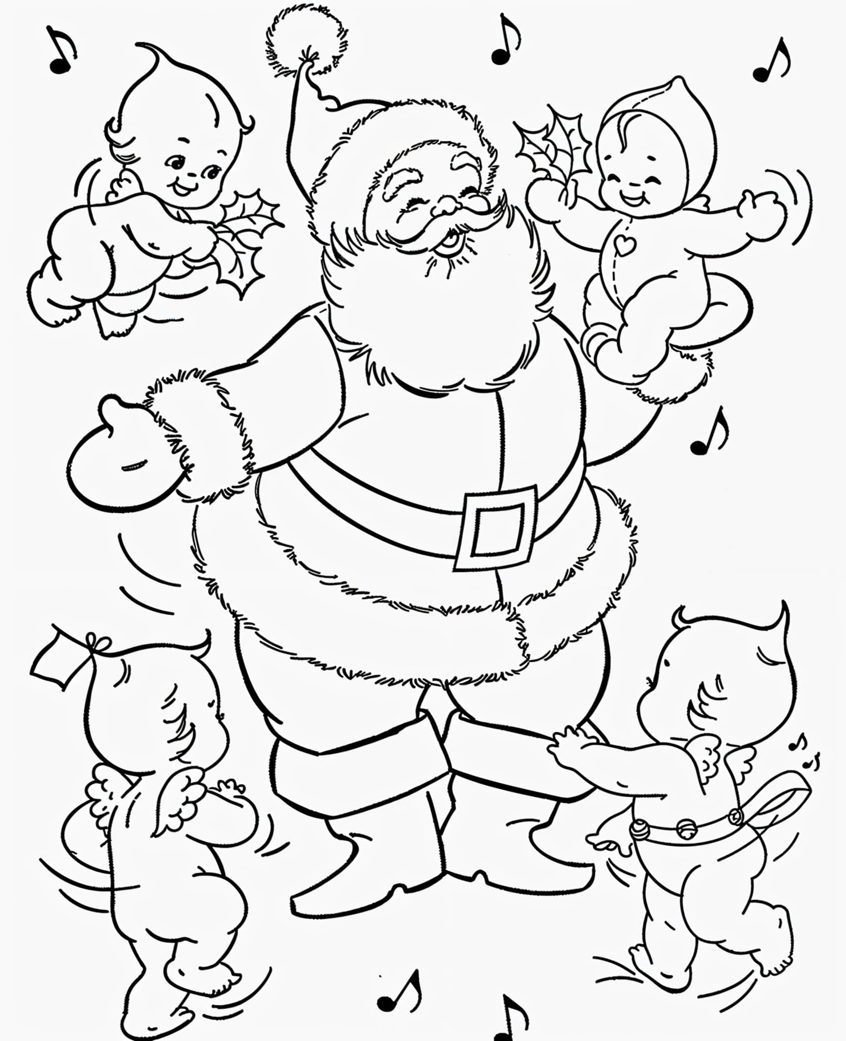 Desenho do Papai Noel com criancas dancando para colorir