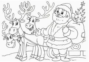 Desenho do Papai Noel com renas e arvore de Natal para colorir