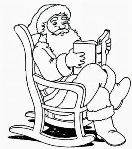 Desenho do Papai Noel lendo livro na cadeira para colorir