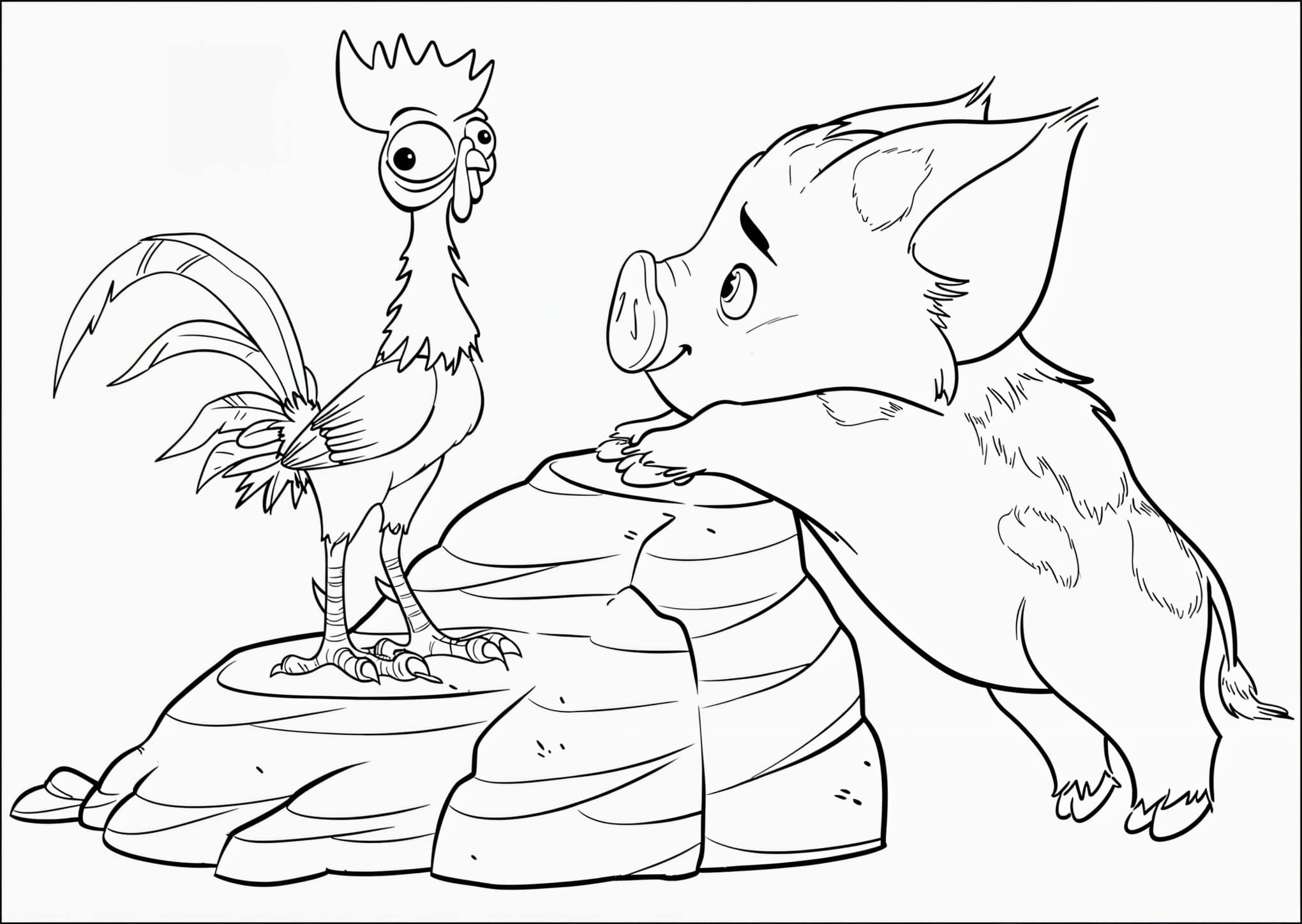 Desenho do pua e do heihei na rocha para colorir