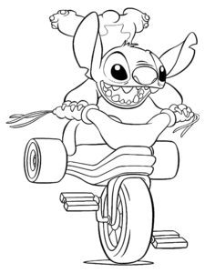 Desenho do Stitch andando de bicicleta para colorir