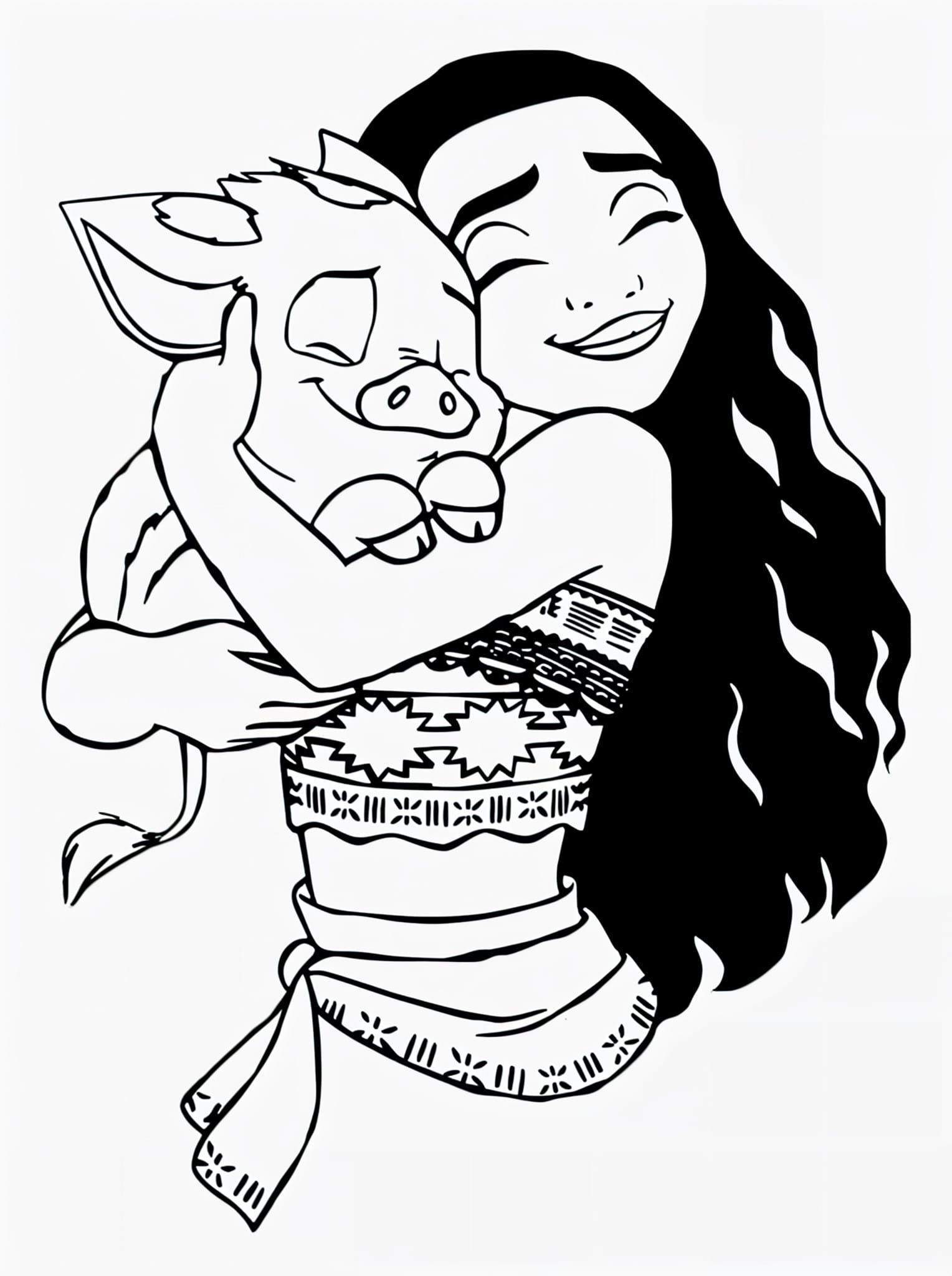 Desenho para Moana abraçando pua para colorir