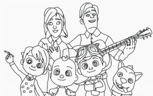 Imagem da familia cocomelon com guitarra e flores para colorir