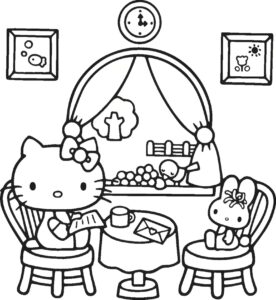 Desenho da hello kitty tomando chá para colorir