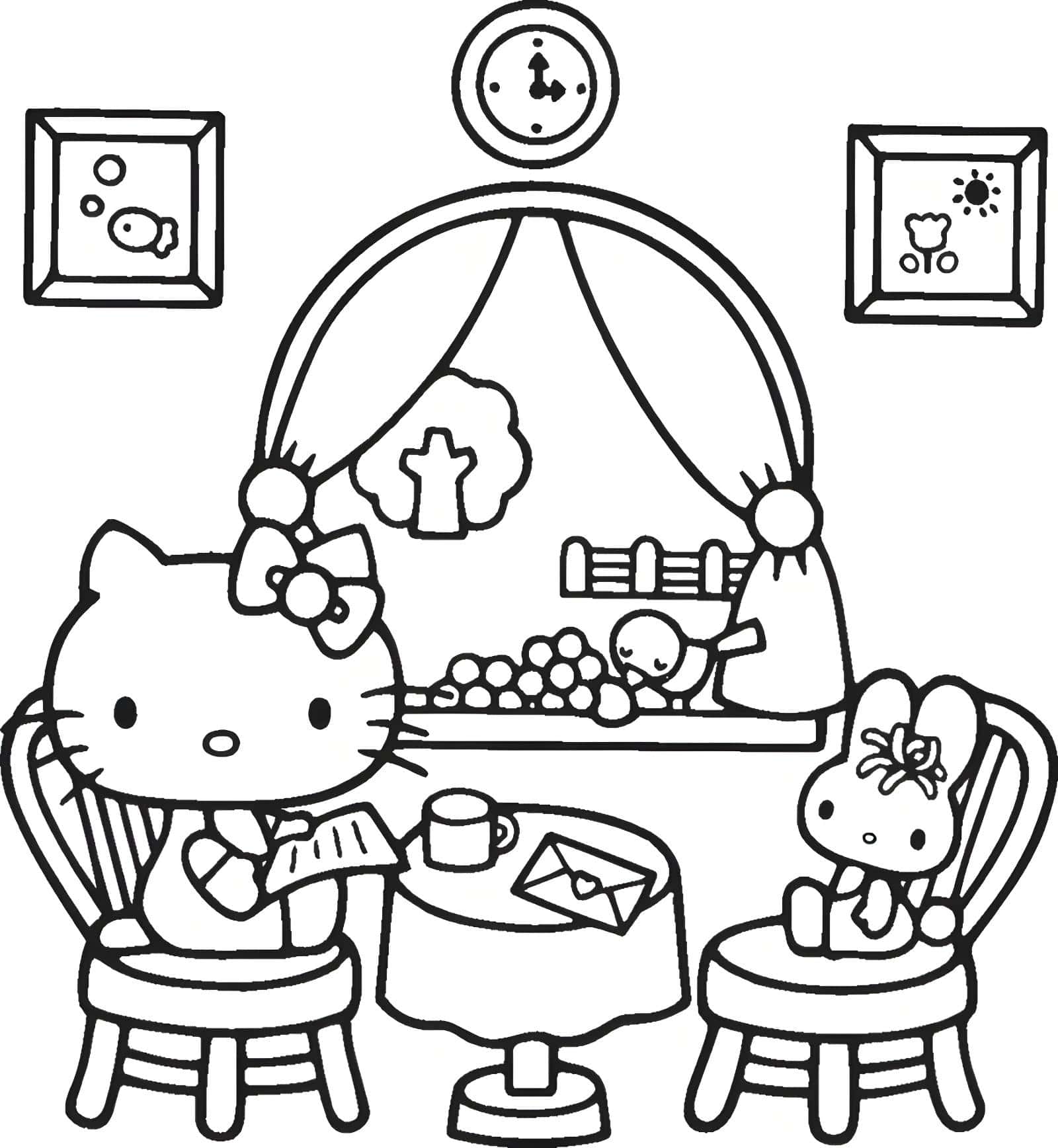 Desenho da hello kitty tomando chá para colorir