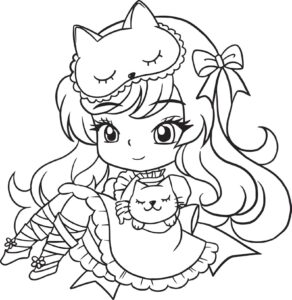 Desenho de menina com gato na cabeca para pintar