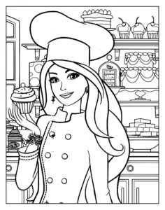 Desenho de menina cozinheira com bolo na cozinha para imprimir