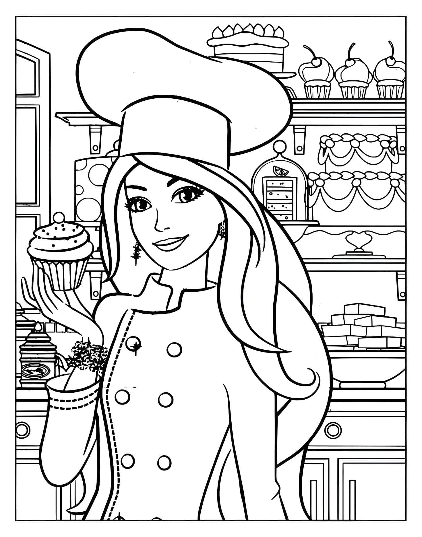 Desenho de menina cozinheira com bolo na cozinha para imprimir