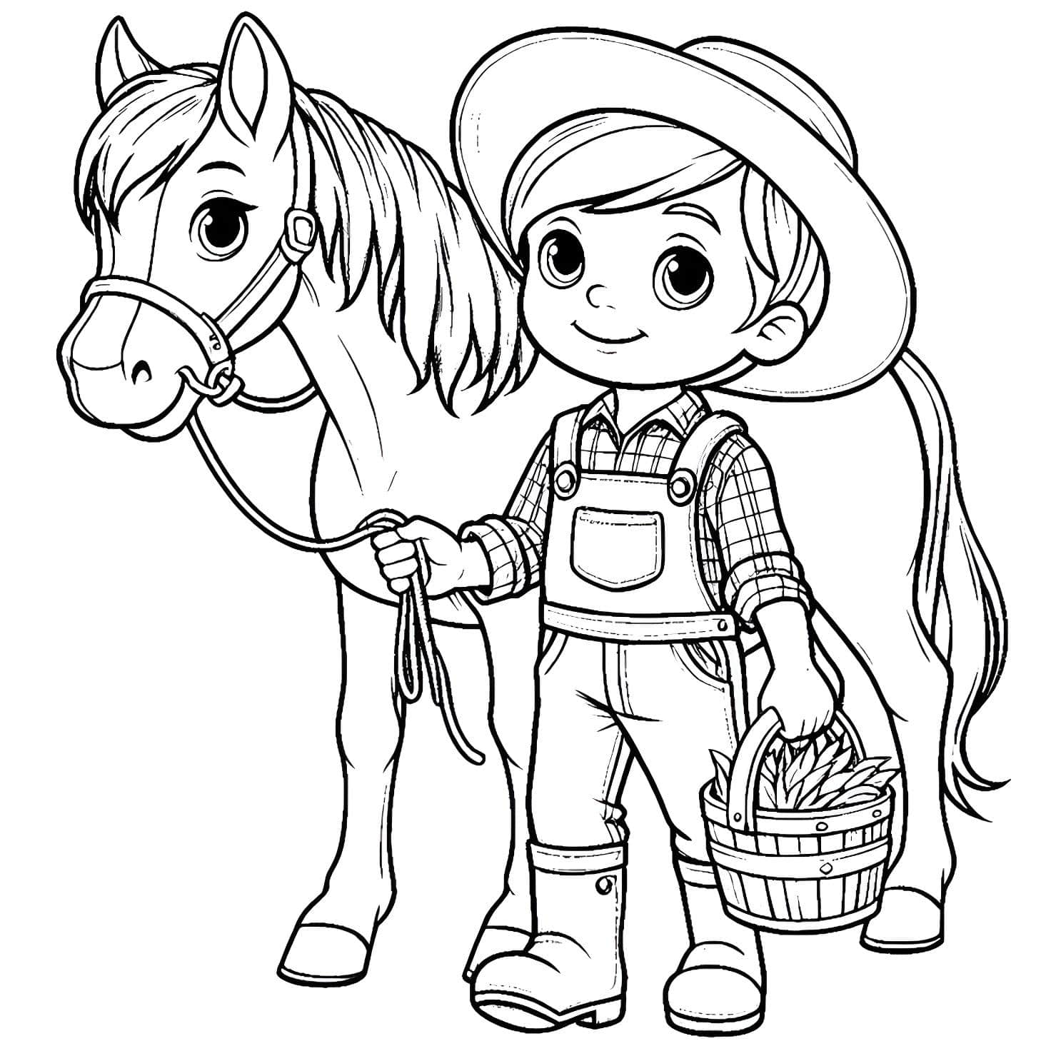 Desenho do menino com cavalo para colorir