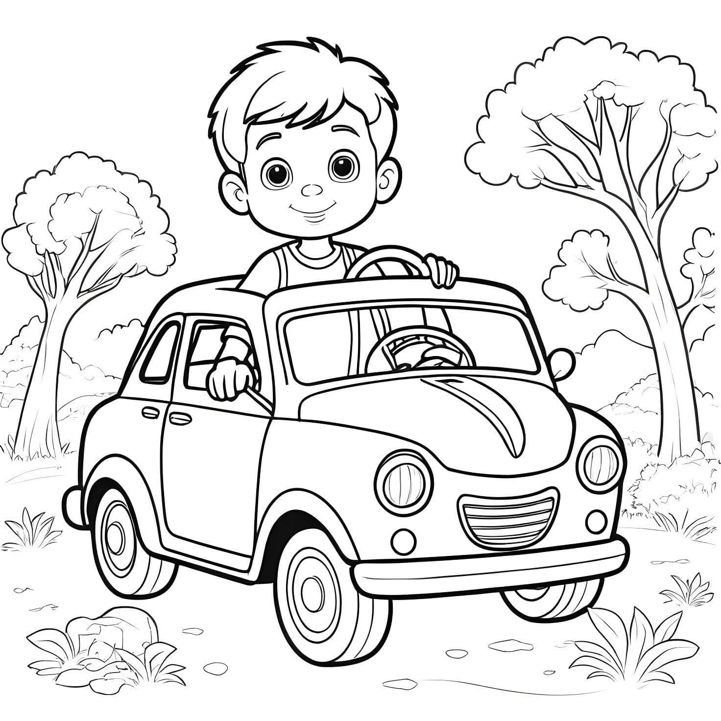 Desenho do menino dirigindo um carro para colorir