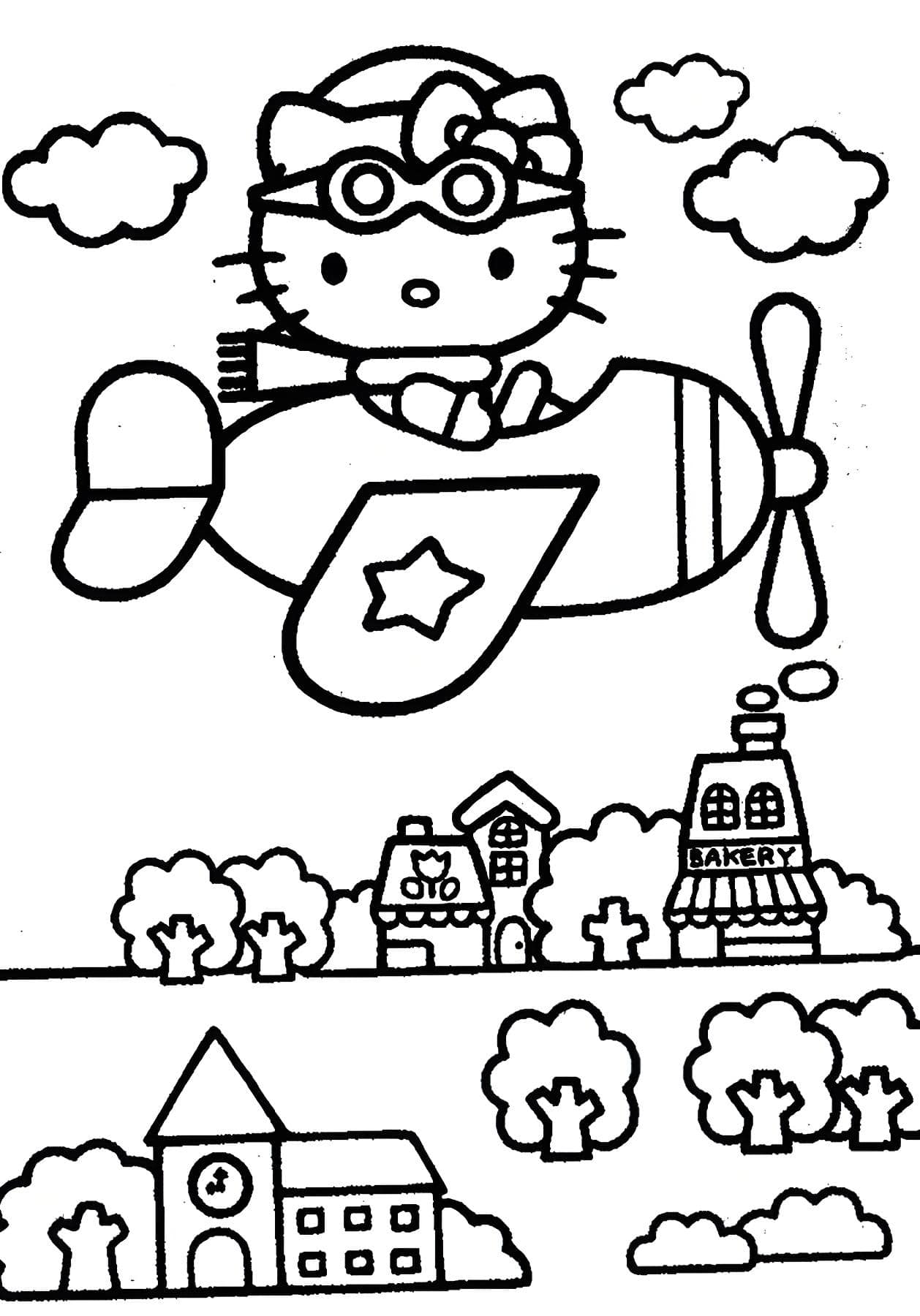 Imagem da hello kitty em um aviao para imprimir