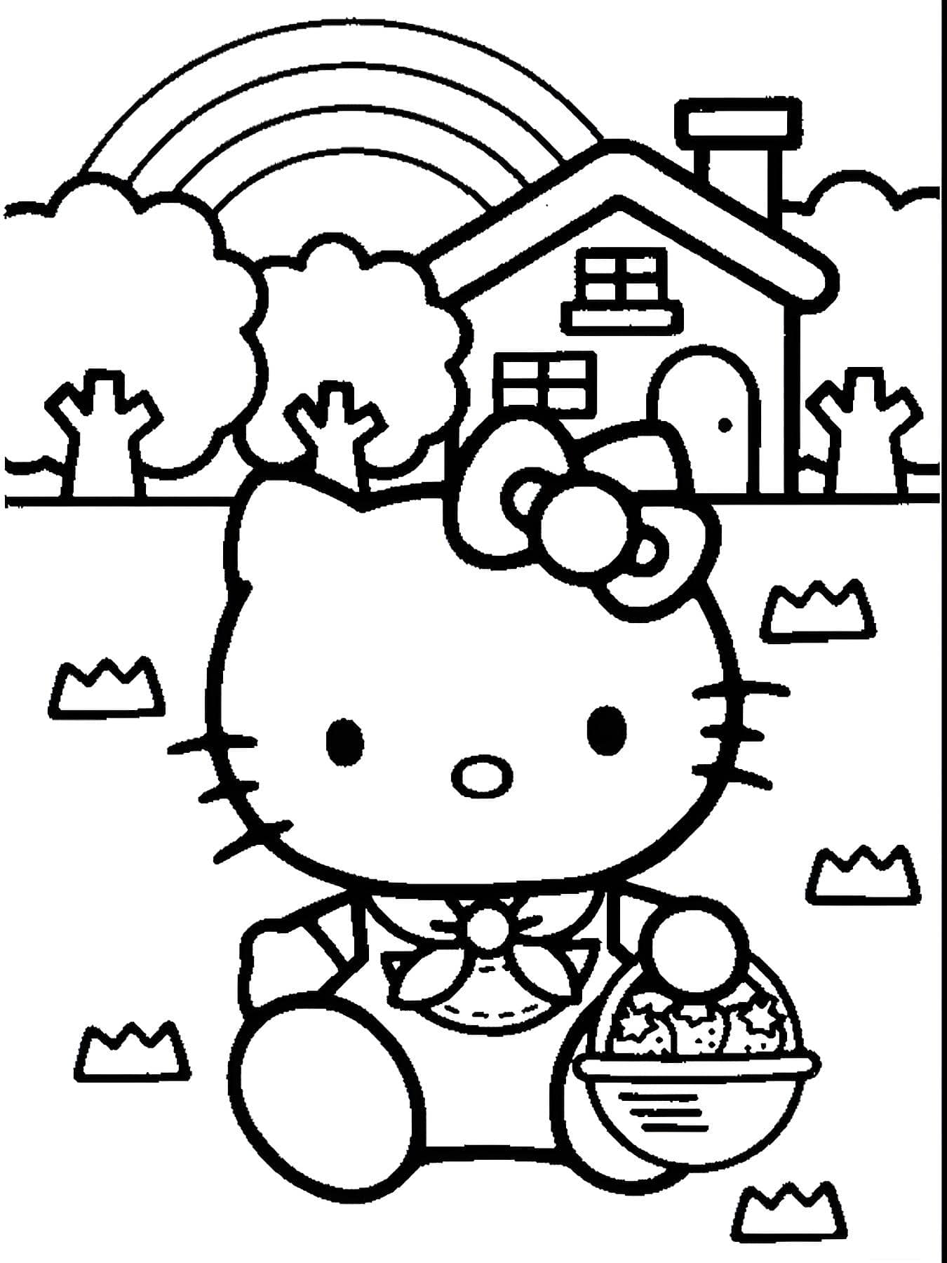 Imagem da hello kitty fazendo um piquenique para imprimir